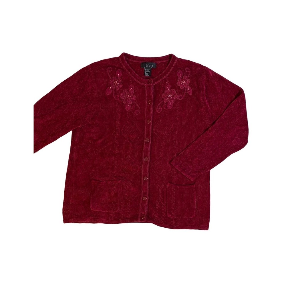 Jenny Cardigan Sweater Burgundy Floral Embroidered Beaded Women's L